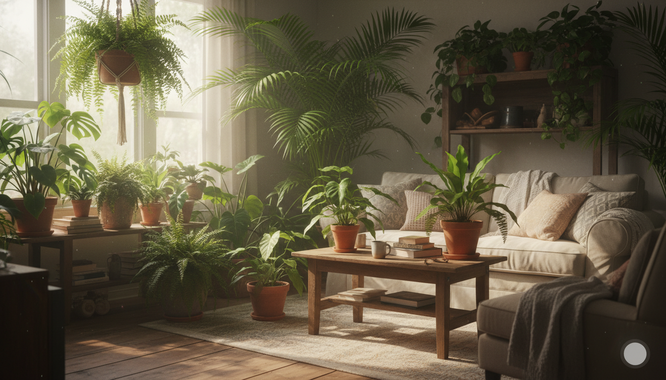 Sun-drenched room filled with lush ferns and plants